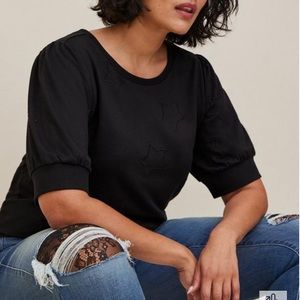 Lightweight Black French Terry Sweater with Star Embroidery and Puff Sleeves